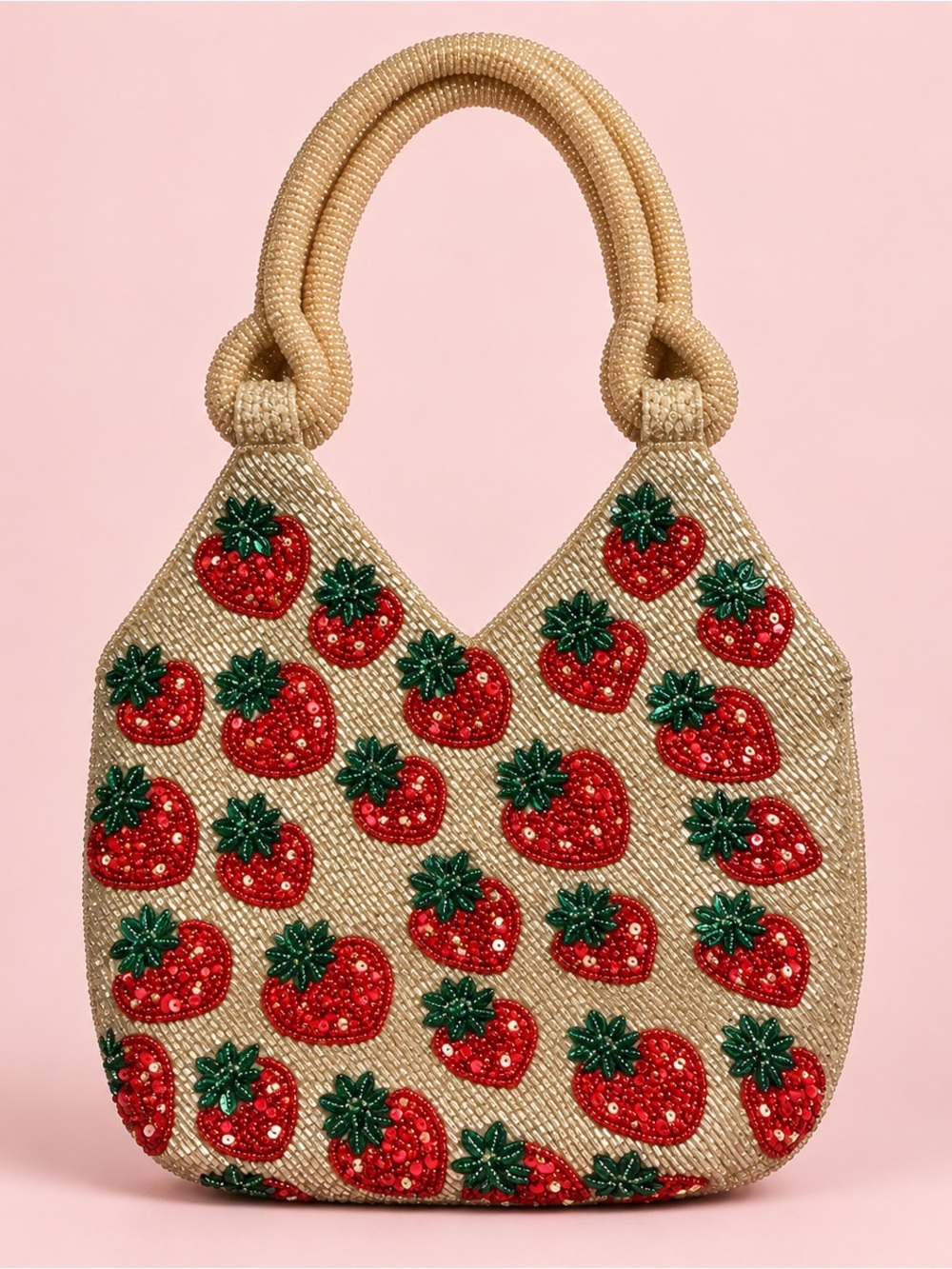 NWT Beaded Strawberry Tote Bag Cream Red Green Statement Purse